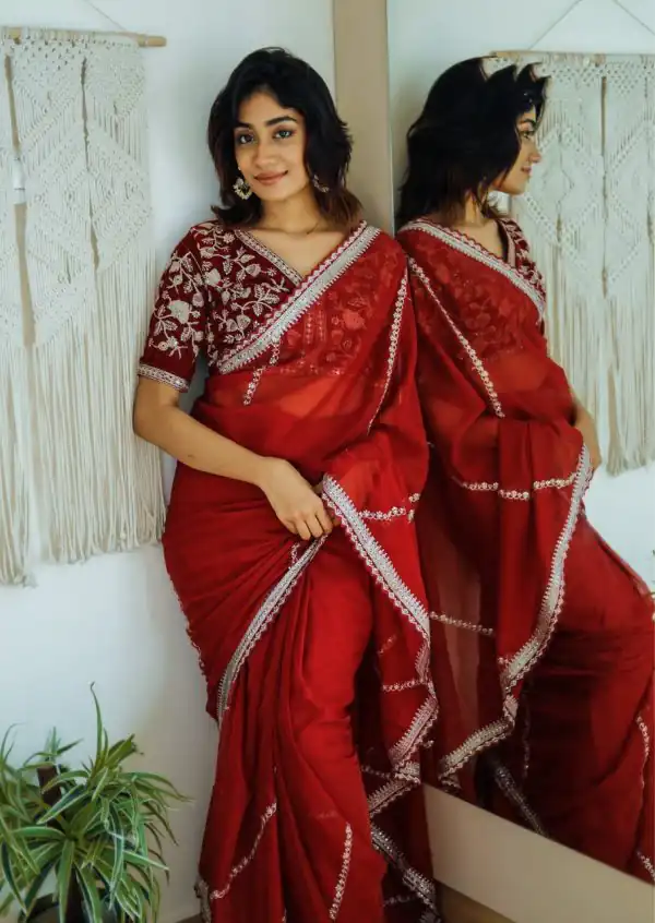 Perfect Red Color Pure Soft Organza Zari Sequence Work Saree