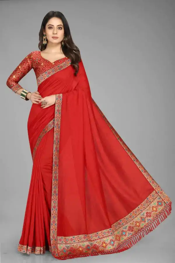 Perfect Red Color Vichitra Silk  Rich Pallu Jacquard Border Saree
