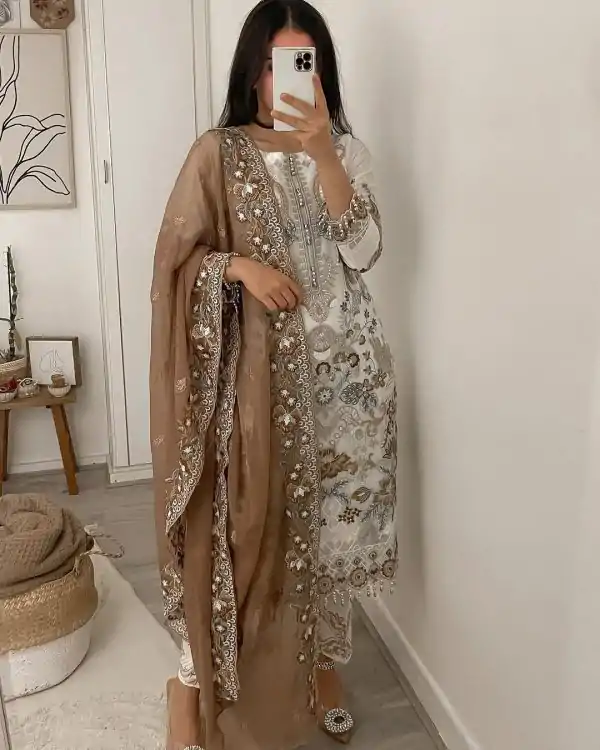 Perfect White Color Georgette Embroidery Sequence Salwar Suit