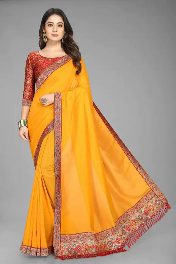 Perfect Yellow Color Vichitra Silk  Rich Pallu Jacquard Border Saree