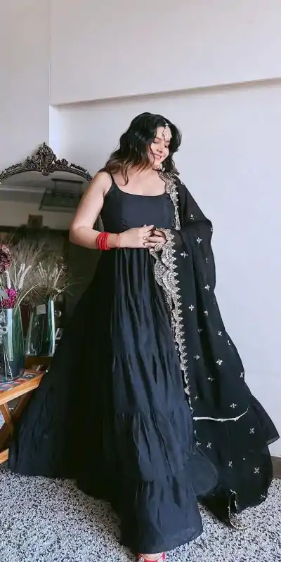 Pretty Black Color Chinon Embroidery Sequence Anarkali Suit