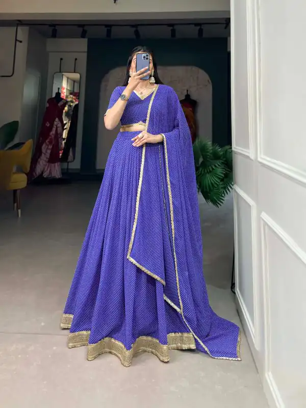 Pretty Blue Color Georgette Print With Lace Border Lehenga Choli