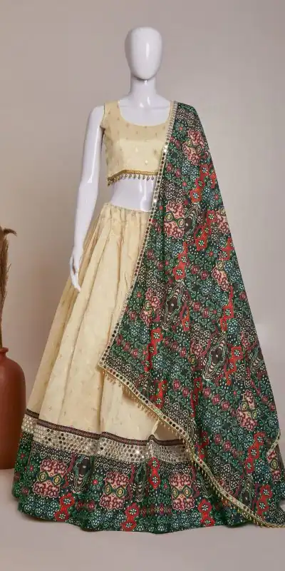 Pretty Cream Jaccard Silk Dori Embroidery Printed Lehenga Choli