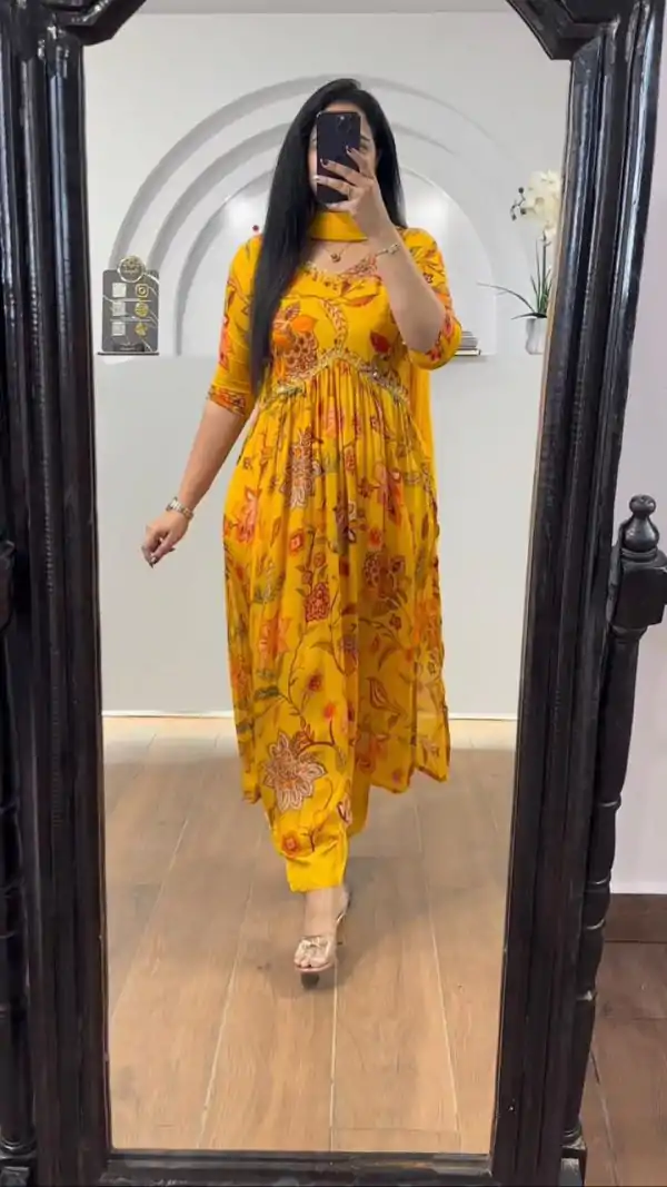 Pretty Mustard Chinon Printed & Sequence Embroidery Salwar Suit