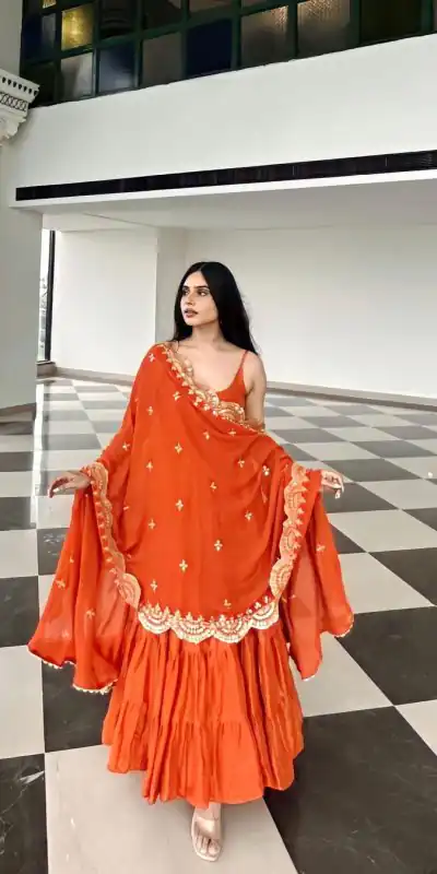 Pretty Orange Color Chinon Embroidery Sequence Anarkali Suit