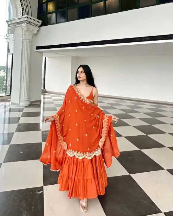 Pretty Orange Color Chinon Embroidery Sequence Anarkali Suit