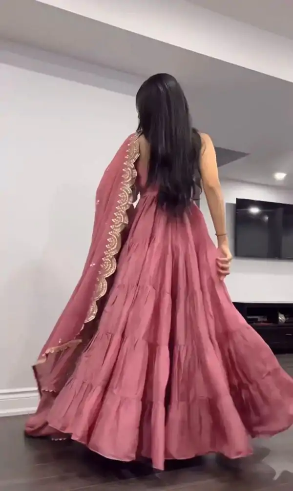Pretty Peach Color Chinon Embroidery Sequence Anarkali Suit