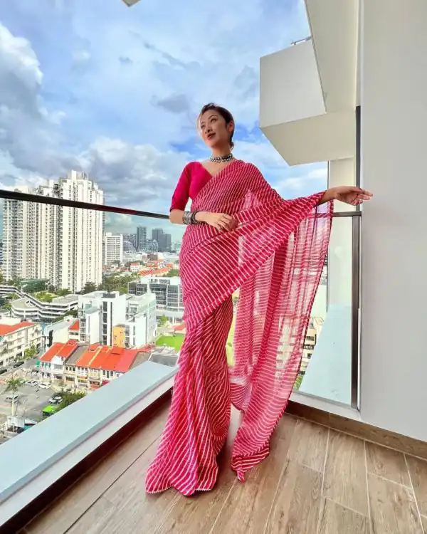 Pretty Pink Color Georgette Crochet Laheriya Printed Work Saree