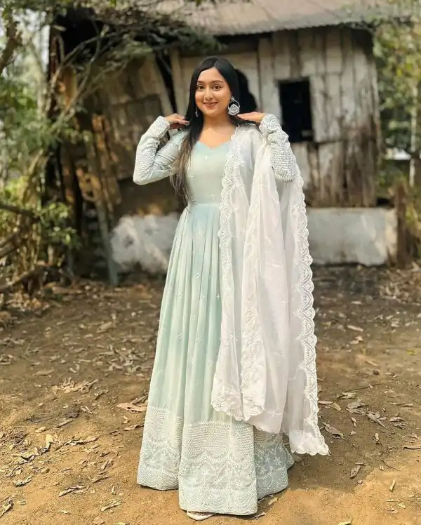 Pretty Pista Green Color Georgette Embroidery Sequence Gown
