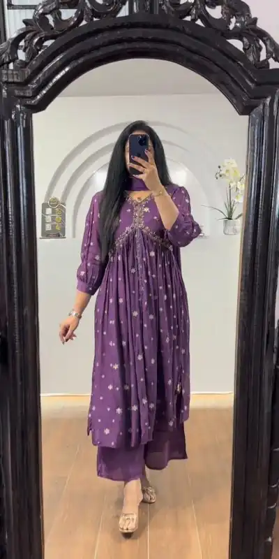 Pretty Purple Chinon Printed & Sequence Embroidery Salwar Suit