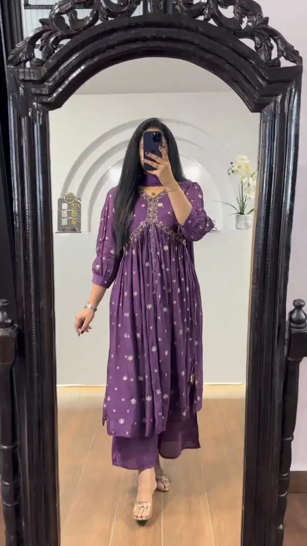 Pretty Purple Chinon Printed & Sequence Embroidery Salwar Suit
