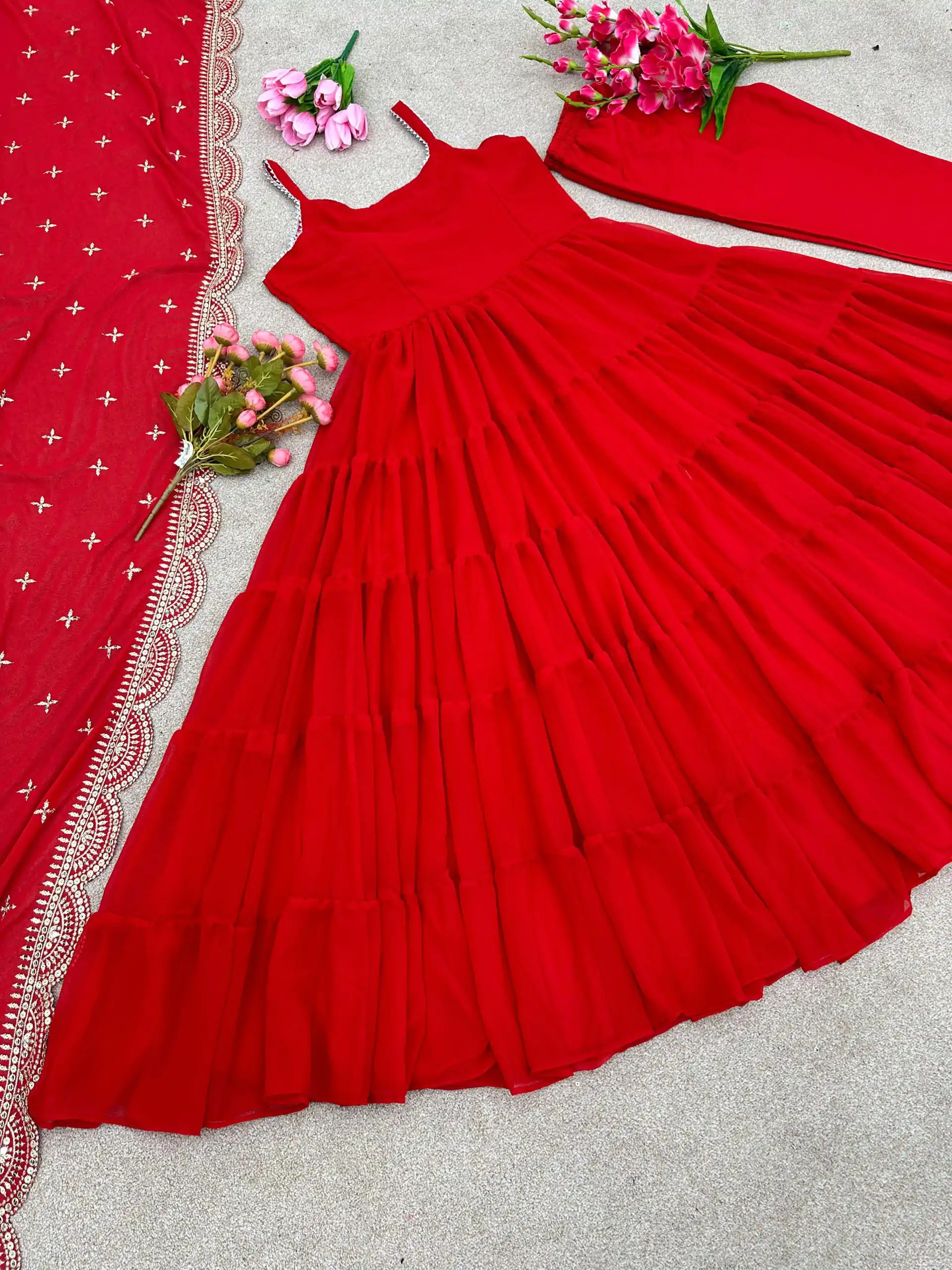 Pretty Red Color Chinon Embroidery Sequence Anarkali Suit - Image 2