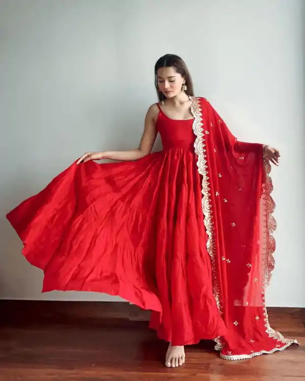 Pretty Red Color Chinon Embroidery Sequence Anarkali Suit