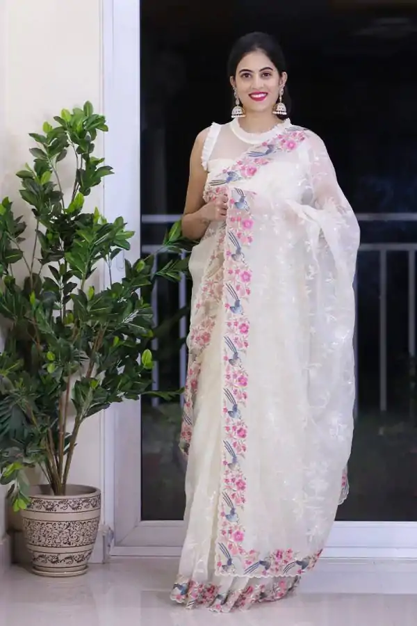 Pretty White Color Georgette Cotton Thread Embroidery Saree