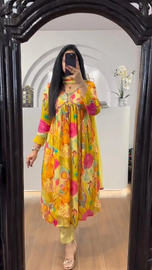 Pretty Yellow Chinon Printed & Sequence Embroidery Salwar Suit