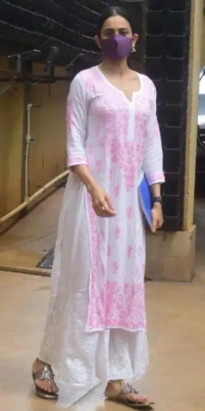 Rakul Preet Singh White Color Rayon Chine Stitched Salwar Suit