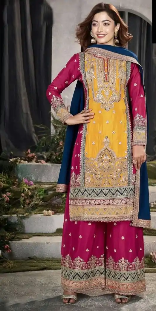 Rashmika Mandanna Yellow Georgette Embroidery Salwar Suit