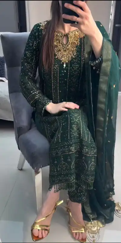 Sightly Green Color Georgette Embroidery Real Mirror Salwar Suit