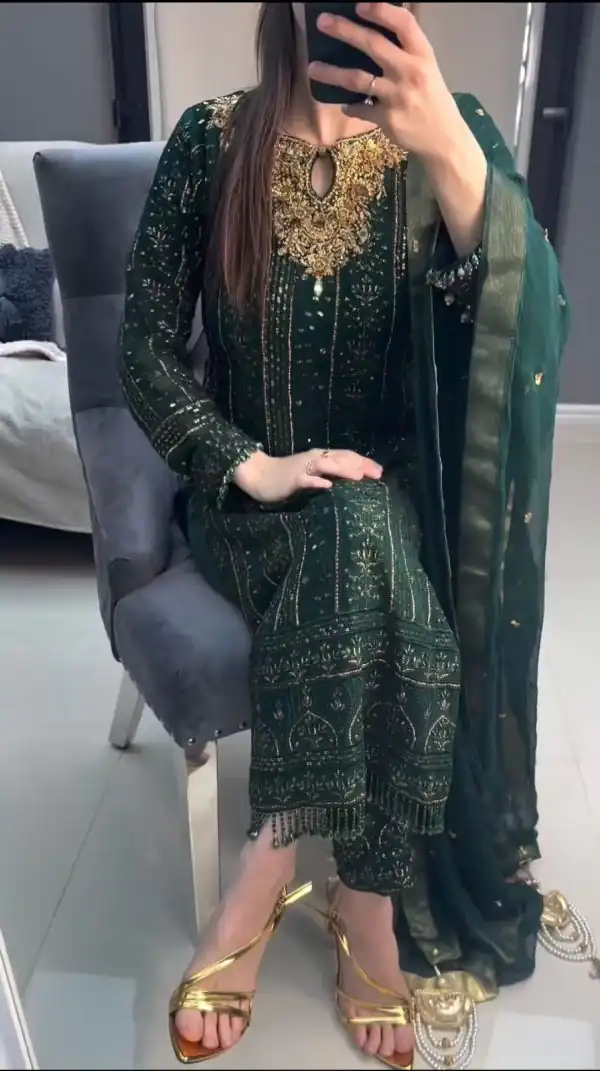 Sightly Green Color Georgette Embroidery Real Mirror Salwar Suit
