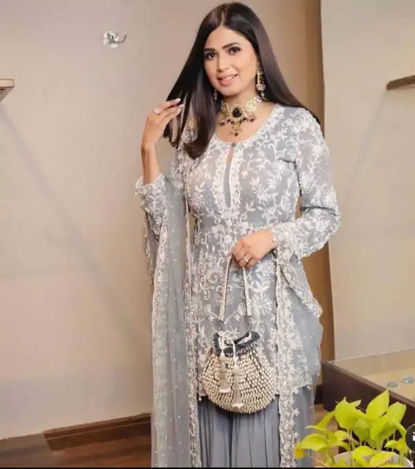 Special Blue Grey Color Georgette Embroidery Work Sharara Suit