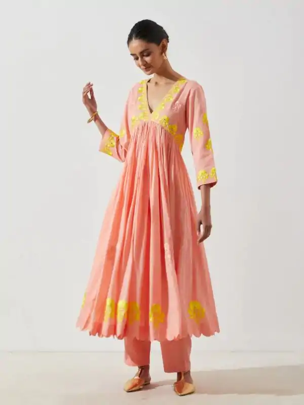 Special Peach Maslin Cotton Thread Embroidery Anarkali Suit