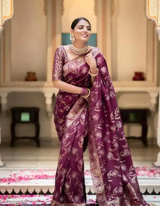 Splendorous Wine Color Soft Lichi Silk Jacquard  All Over Saree