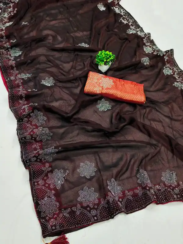 Stylish Brown Black Ket Embellished Swarovski Diamond Saree