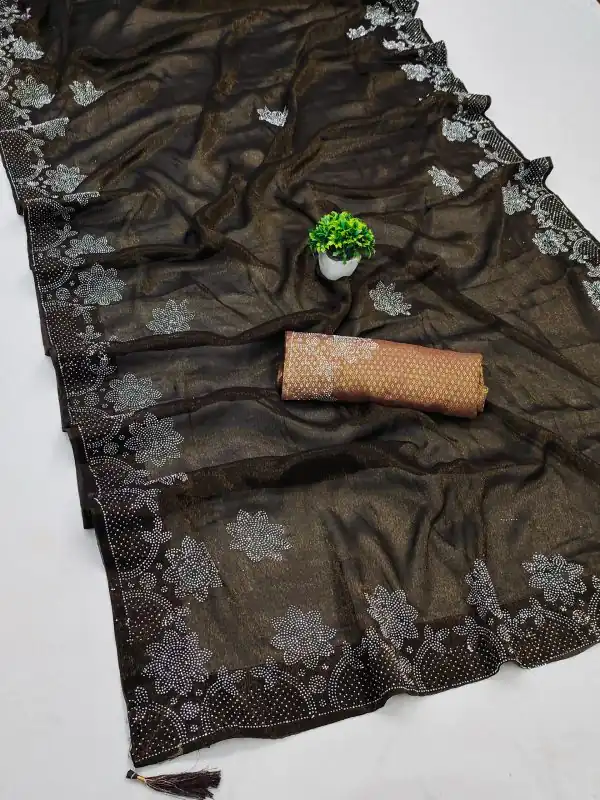 Stylish Coffee Black Ket Embellished Swarovski Diamond Saree