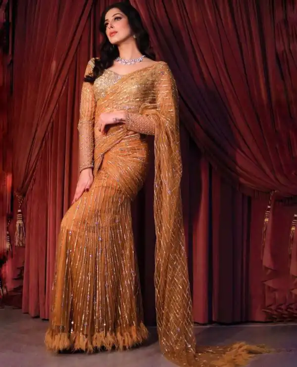 Stylish Golden Color Butter Fly Heavy Net Embroidered Saree
