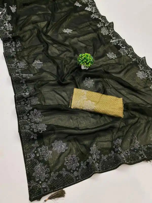 Stylish Mehndi Black Ket Embellished Swarovski Diamond Saree