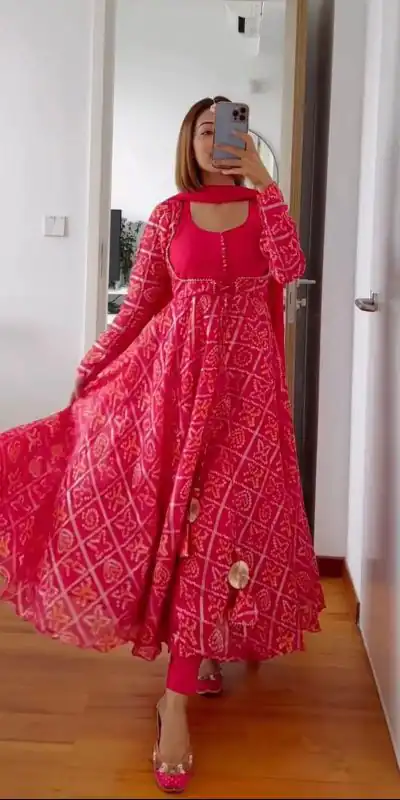 Stylish Pink Color Georgette Bandhani Digital Printed Salwar Suit