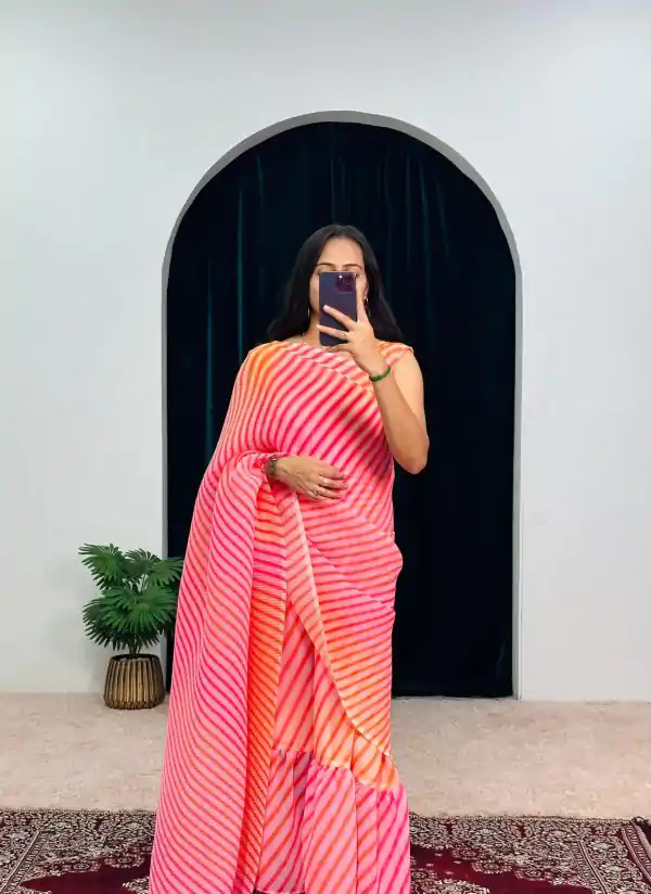 Stylish Pink Color Georgette Digital Printed Ruffle Gown Saree