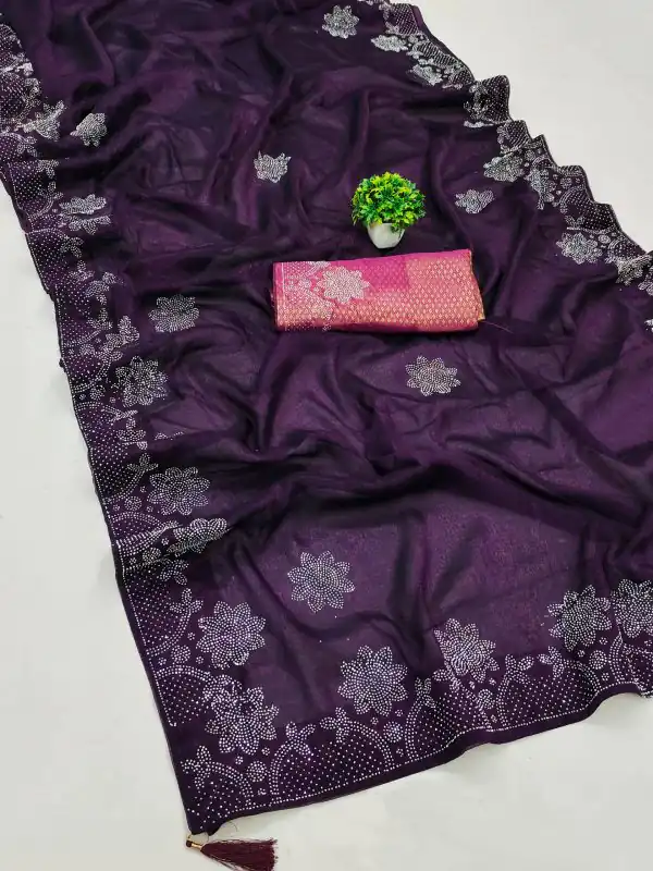 Stylish Purple Black Ket Embellished Swarovski Diamond Saree