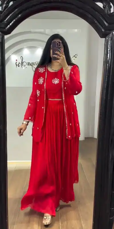 Stylish Red Color Georgette Embroidery With Shrug Lehenga Choli