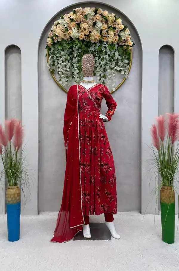Stylish Red Color Muslin Digital Print With Hand Work  Salwar Suit