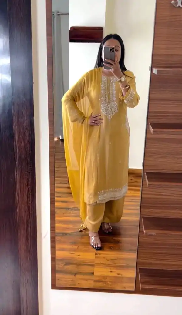 Stylish Yellow Chinnon Silk Embroidery Coding Dori Salwar Suit