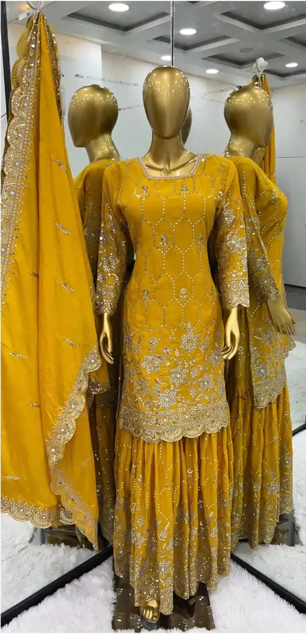 Stylish Yellow Color Chinnon Silk Embroidery Sharara Suit