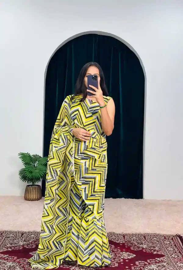 Stylish Yellow Color Georgette Digital Printed Ruffle Work Saree