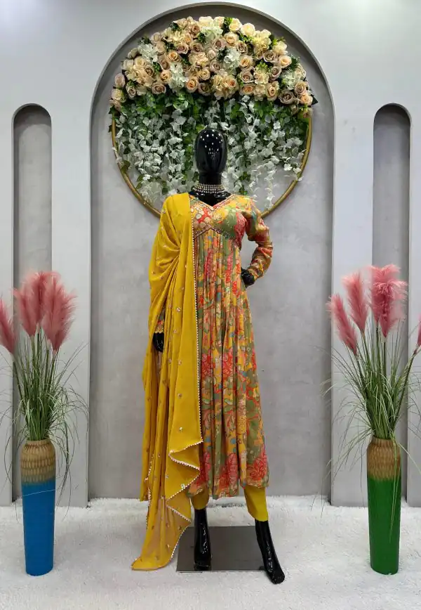 Stylish Yellow Color Muslin Digital Printed Hand Work Salwar Suit