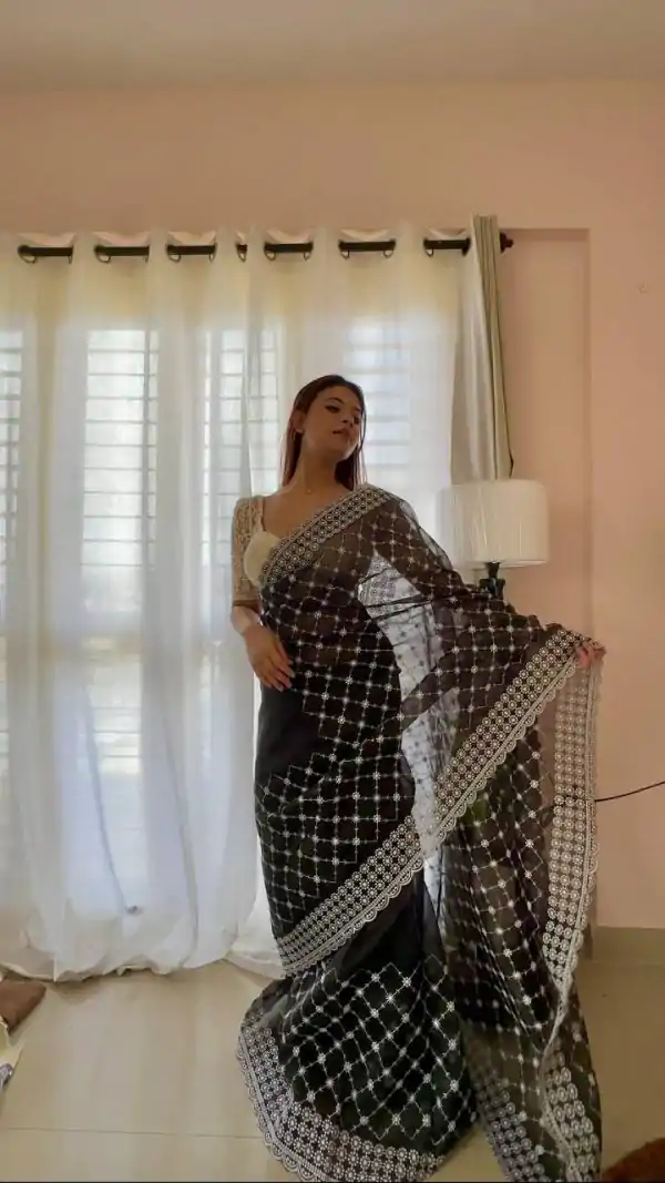 Sublime Black Color Organza Embroidery Thread Work Saree
