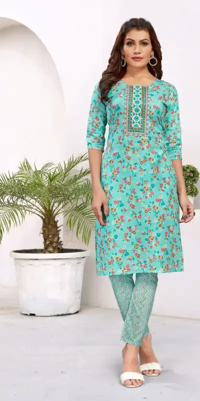 Sublime Blue Color Cambric Cotton Print Embroidery Work Kurti
