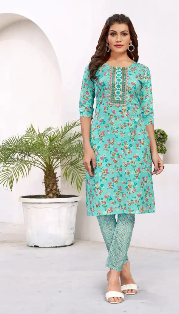 Sublime Blue Color Cambric Cotton Print Embroidery Work Kurti