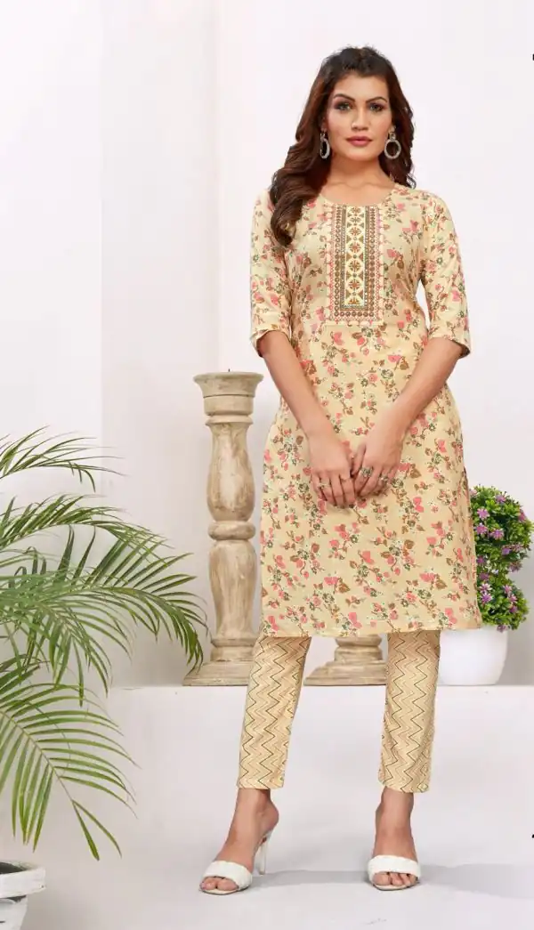 Sublime Cream Color Cambric Cotton Print Embroidery Work Kurti
