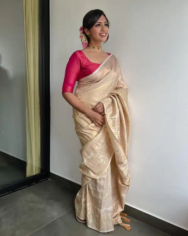 Sublime Cream Soft Lichi Silk Ordinary Design Rich Pallu Saree