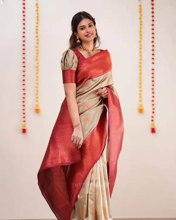 Sublime Golden Color Soft Silk Copper Zari Design Spread Saree