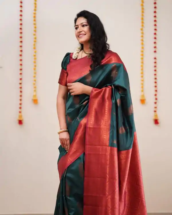 Sublime Green Color Soft Silk Copper Zari Design Spread Saree