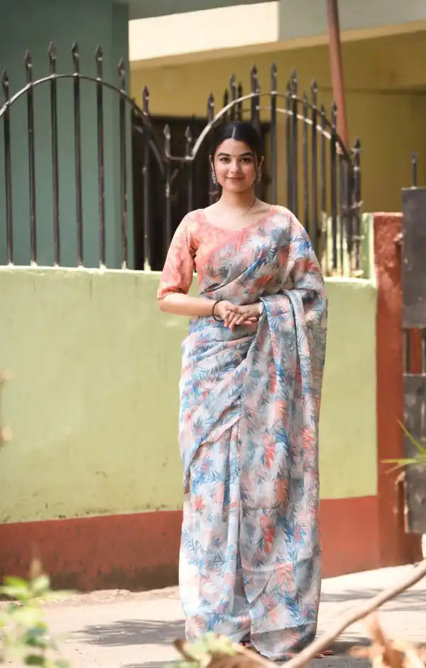 Sublime Light Blue Color Linen Beautiful Digital Printed Work Saree