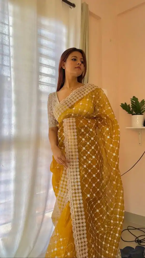 Sublime Mustard Color Organza Embroidery Thread Work Saree