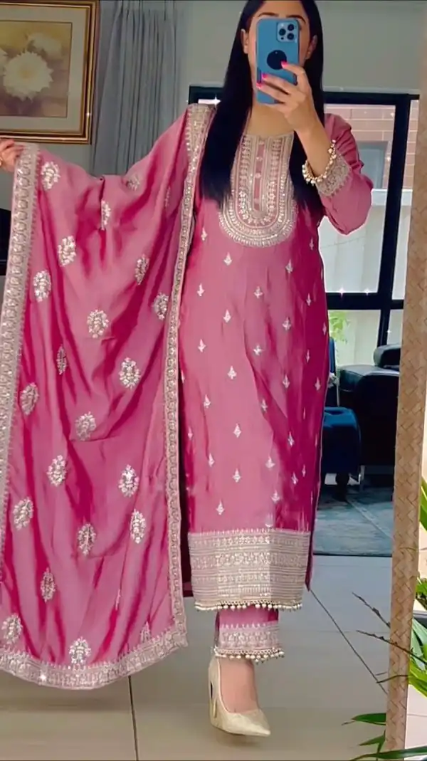 Sublime Pink Color Faux Georgette Embroidery Salwar Suit