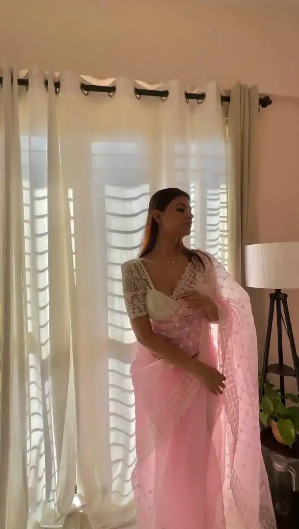 Sublime Pink Color Organza Embroidery Thread Work Saree